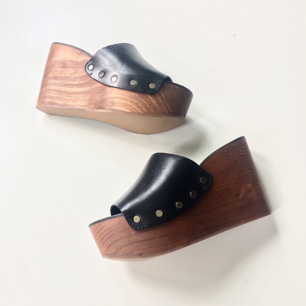 ZARA - Black Leather Wood Wedges